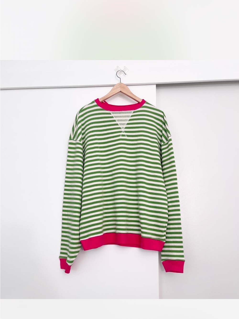We The Free Viral Crewneck Striped Sweater Green with Pink Trim